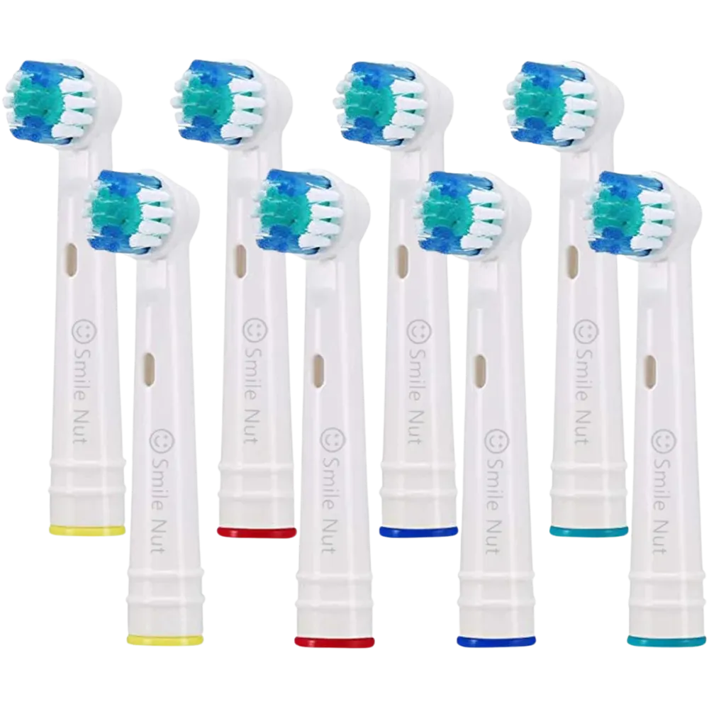 Smile Nut replacement electric toothbrush heads compatible with Oral-B, pack of 8, soft bristles with blue and green brush heads and color-coded rings