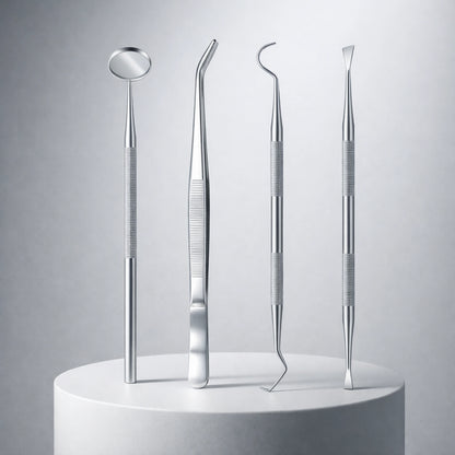 Stainless steel dental scaler removing plaque from teeth