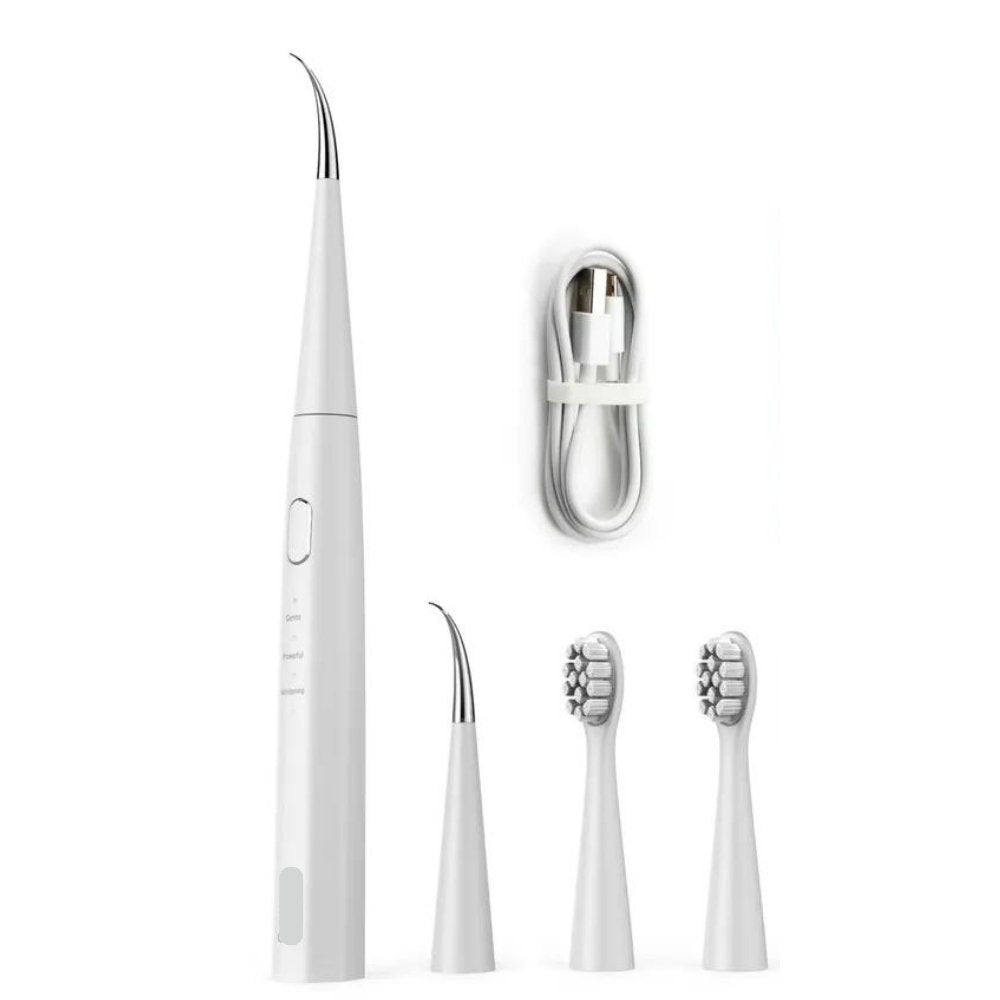 A white electric toothbrush with interchangeable heads, offering three distinct options for oral care.