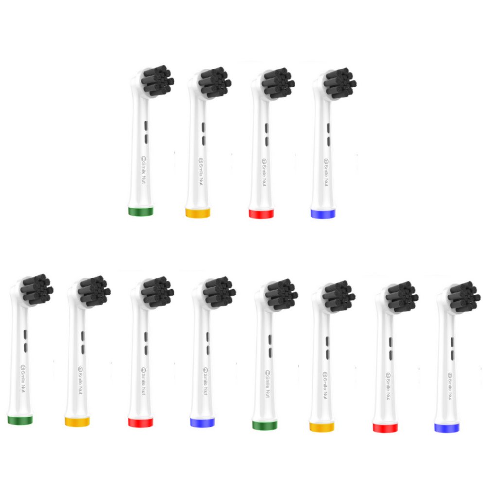 A set of multiple toothbrush replacement heads with multicolored accents, designed to be compatible with Oral-B electric toothbrush models.